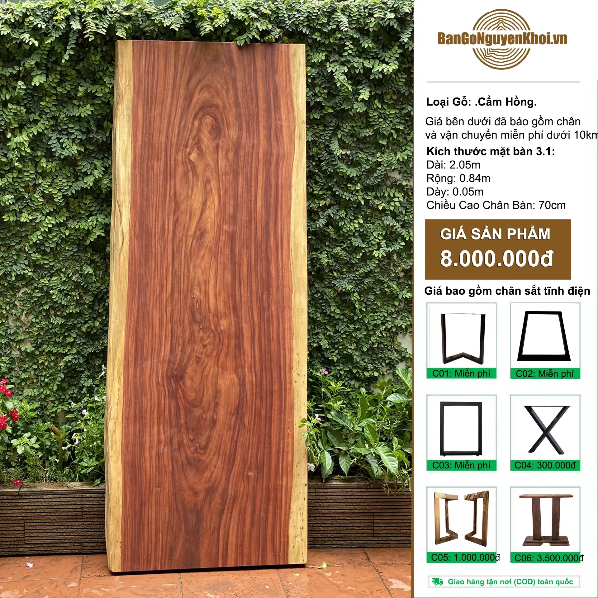 Bàn Gỗ Nguyên Khối Cẩm Hồng Dài 2m05