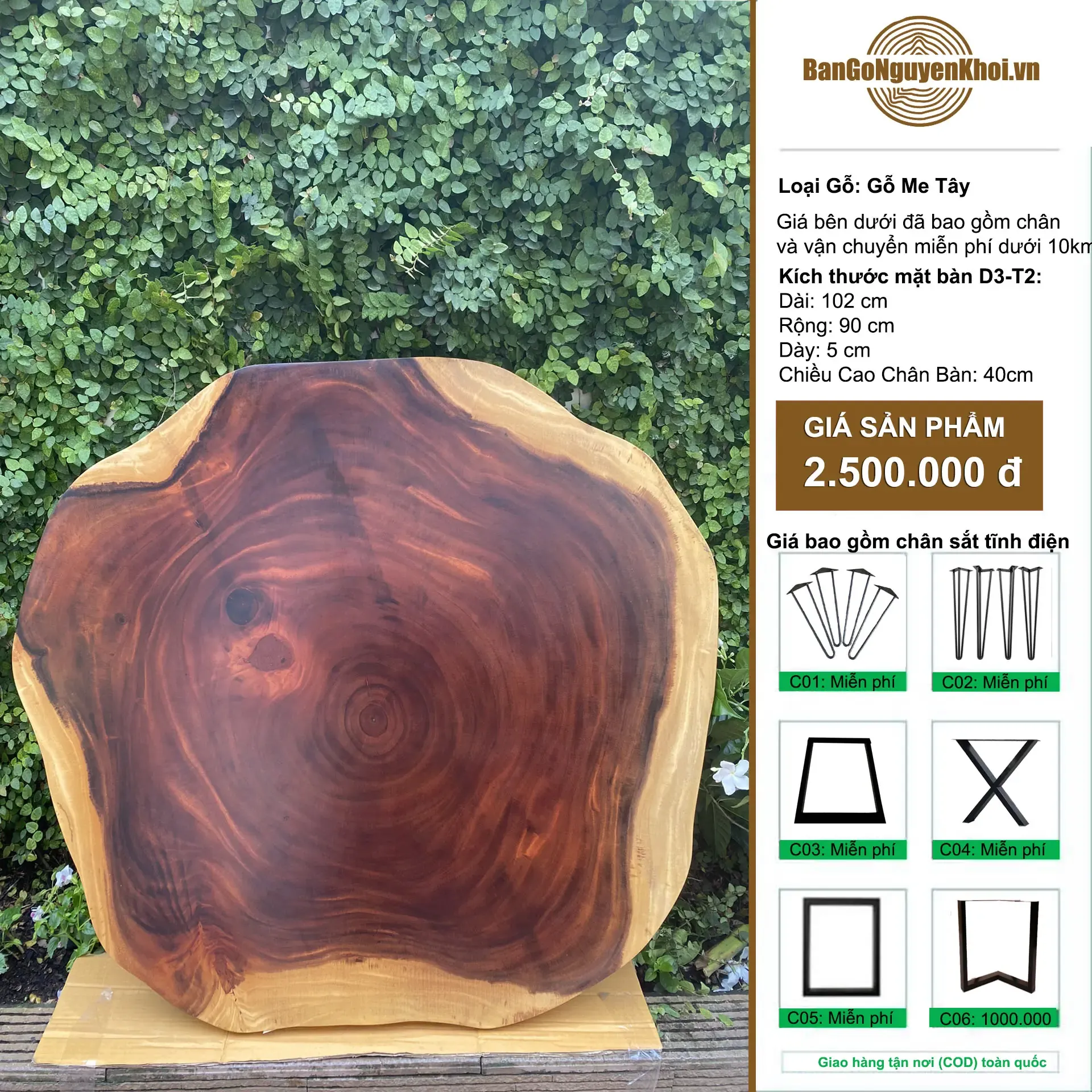 Mặt Bàn Tròn Gỗ Me Tây Nguyên Tấm DK 1m-D3.T2