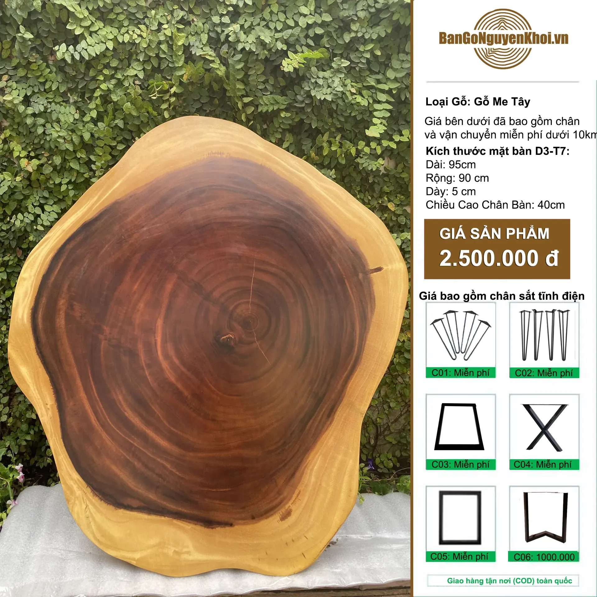 Bàn Tròn Sofa Gỗ Me Tây Nguyên Tấm DK 95cm- D3.T7