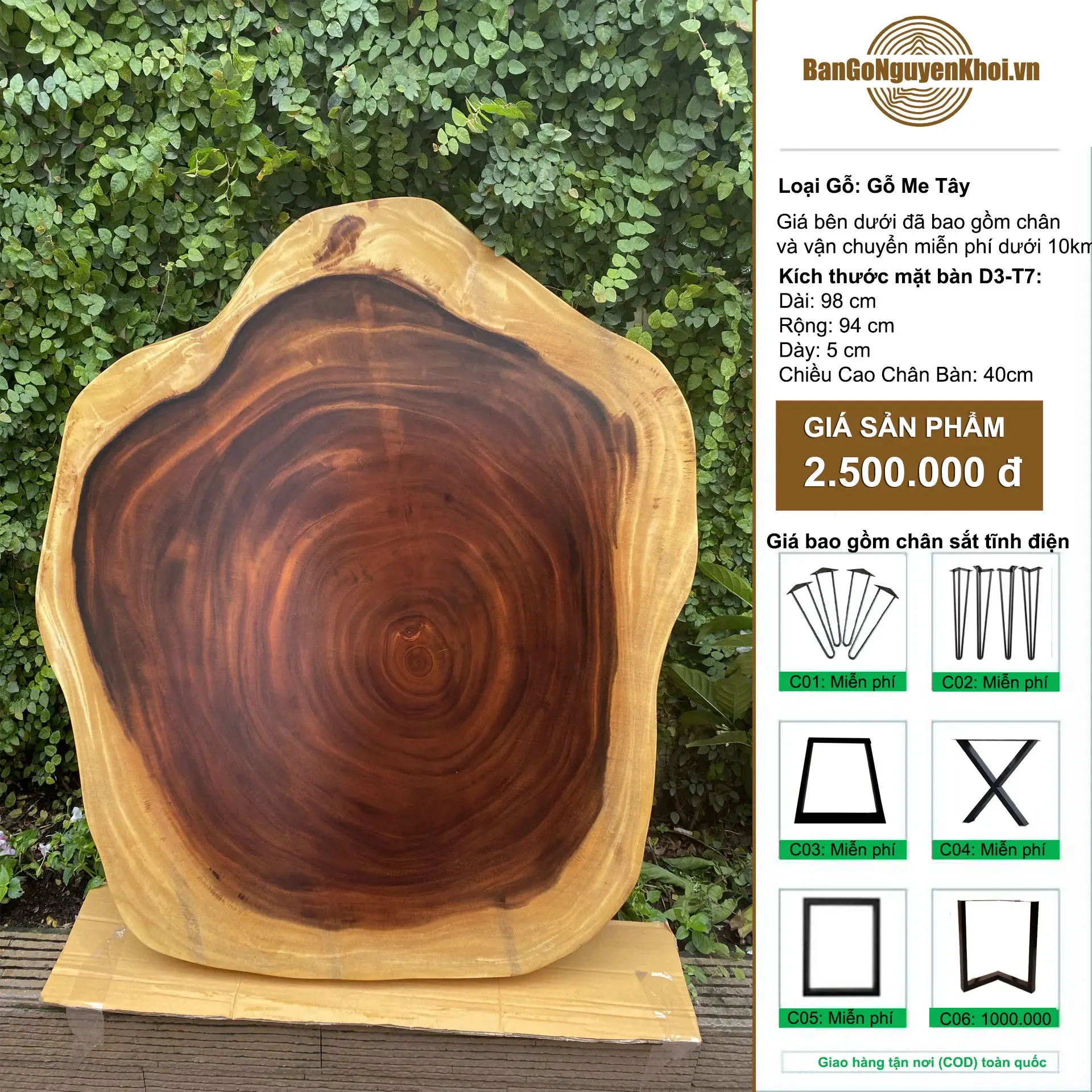 Bàn Tròn Sofa Gỗ Me Tây Nguyên Tấm DK 98cm-D3.T8