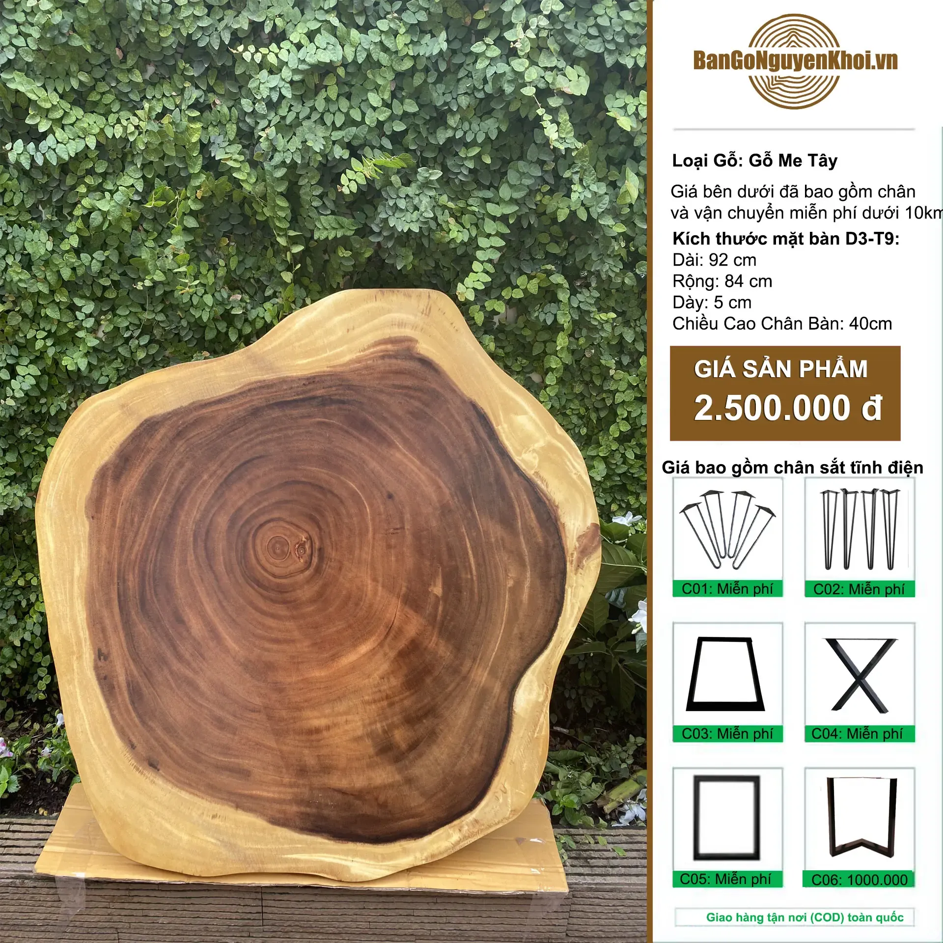 Bàn Tròn Sofa Gỗ Me Tây Nguyên Tấm DK 90cm-D3.T9