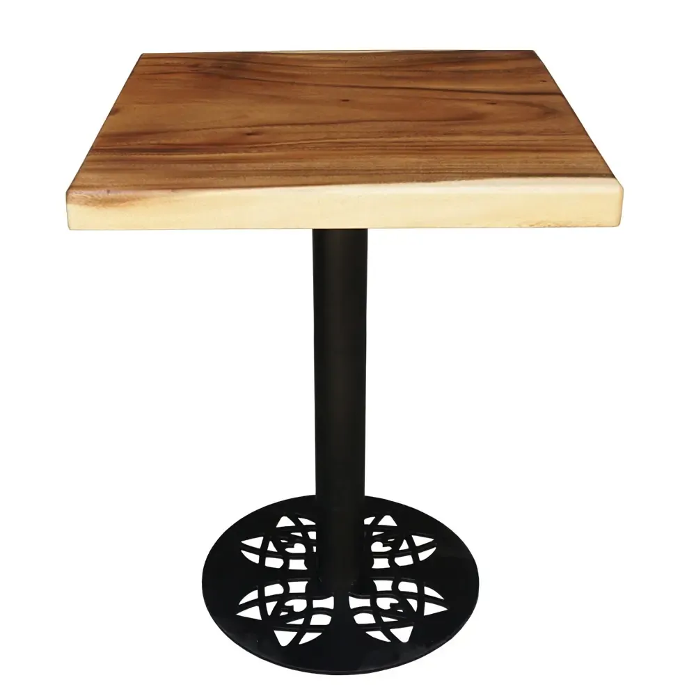 Bàn cafe vuông gỗ me tây chân sắt hoa văn