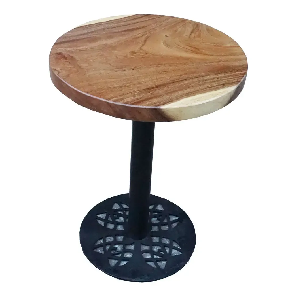 Bàn cafe tròn gỗ me tây chân sắt hoa văn