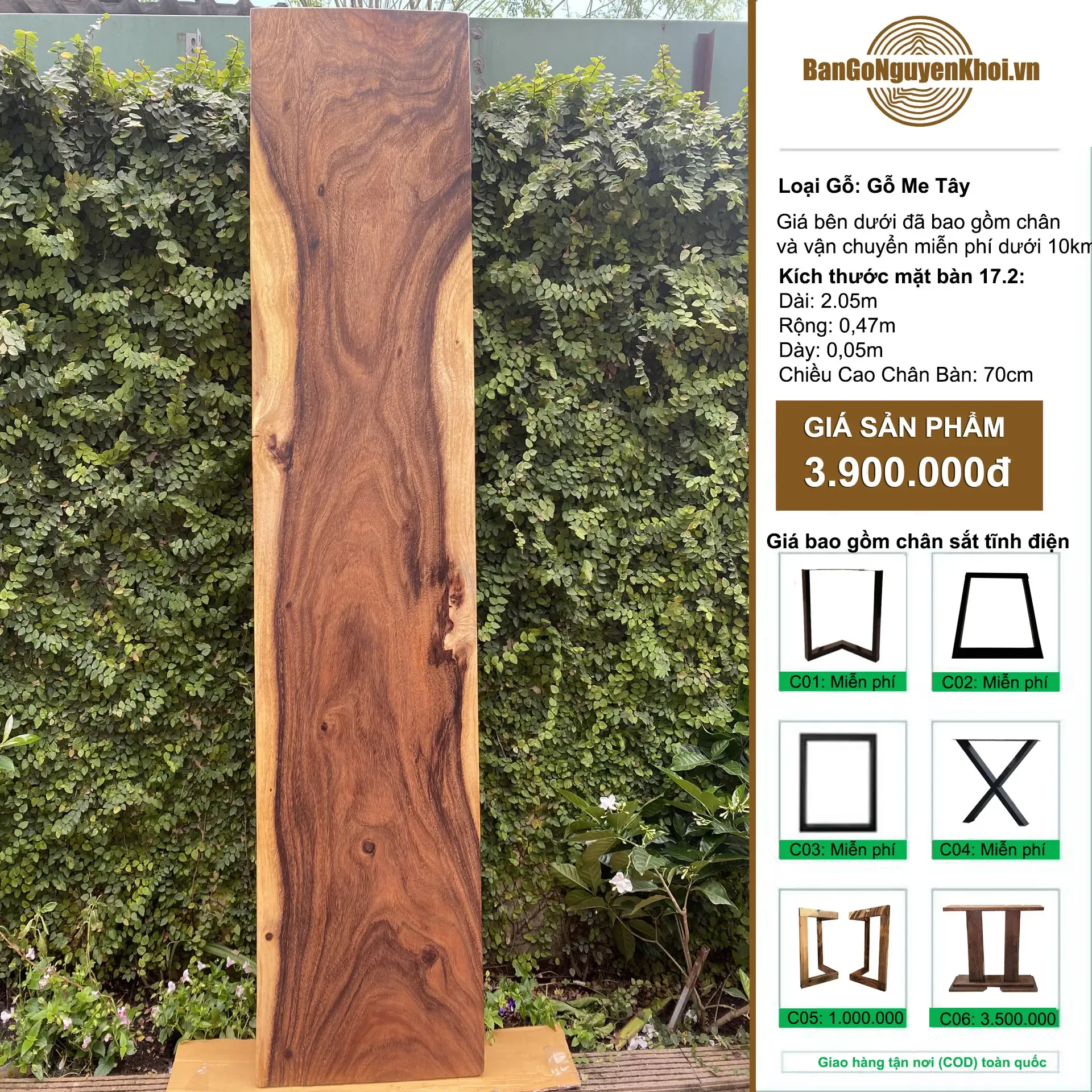 Ghế Băng Dài Gỗ Me Tây Nguyên Tấm 2m