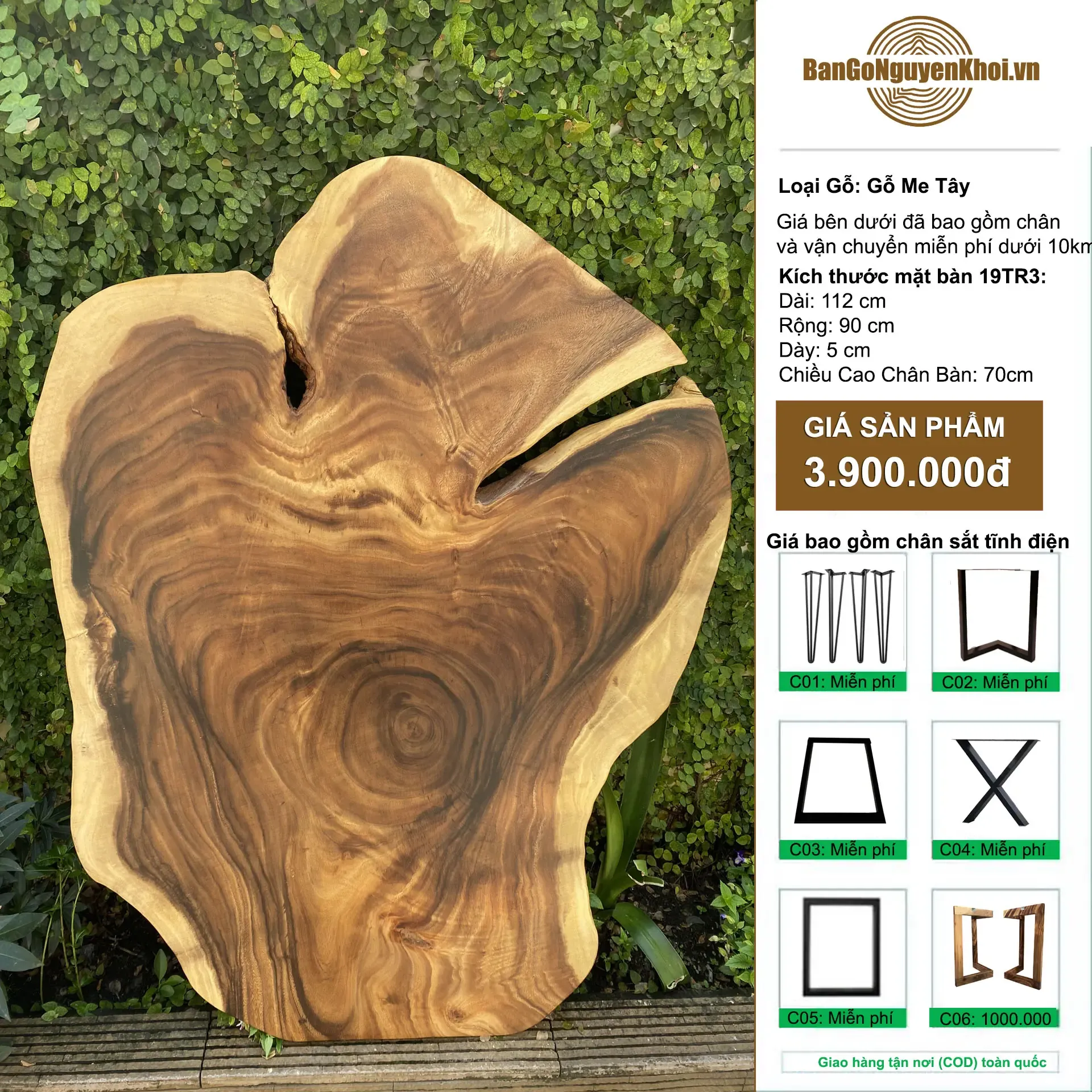 Bàn tròn gỗ me tây nguyên tấm kiểu tự nhiên 1m12