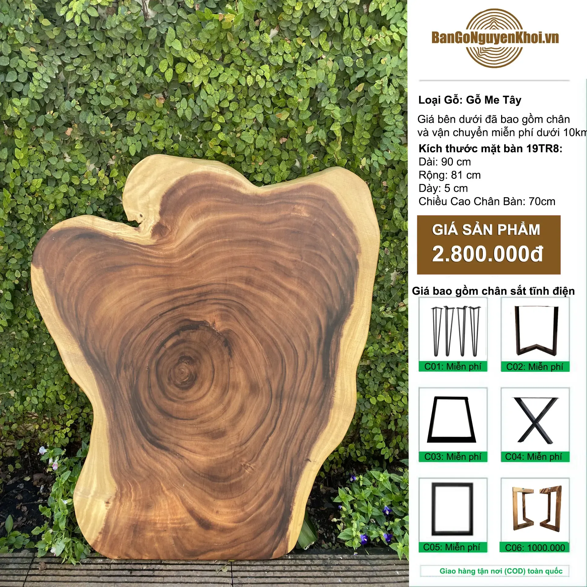 Bàn tròn gỗ me tây nguyên tấm tự nhiên 1m2