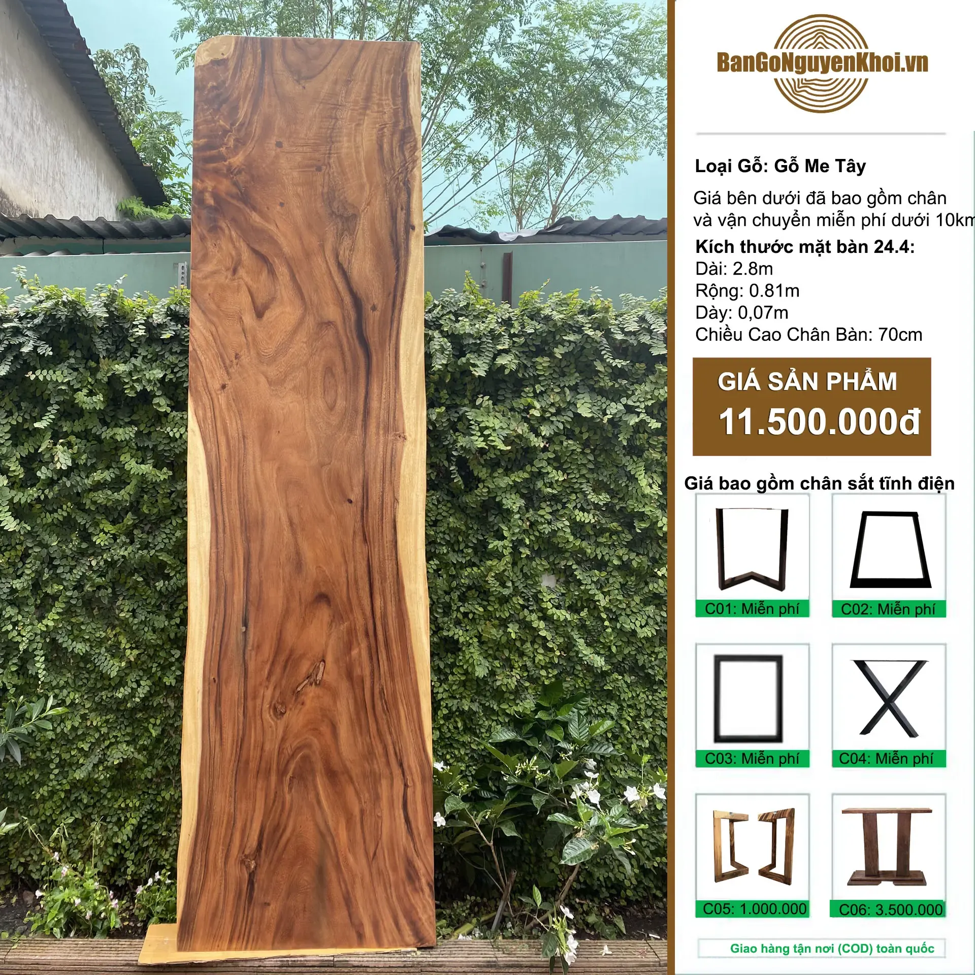 Bàn Ăn, Bàn Làm Việc Gỗ Me Tây Nguyên Tấm 2m8