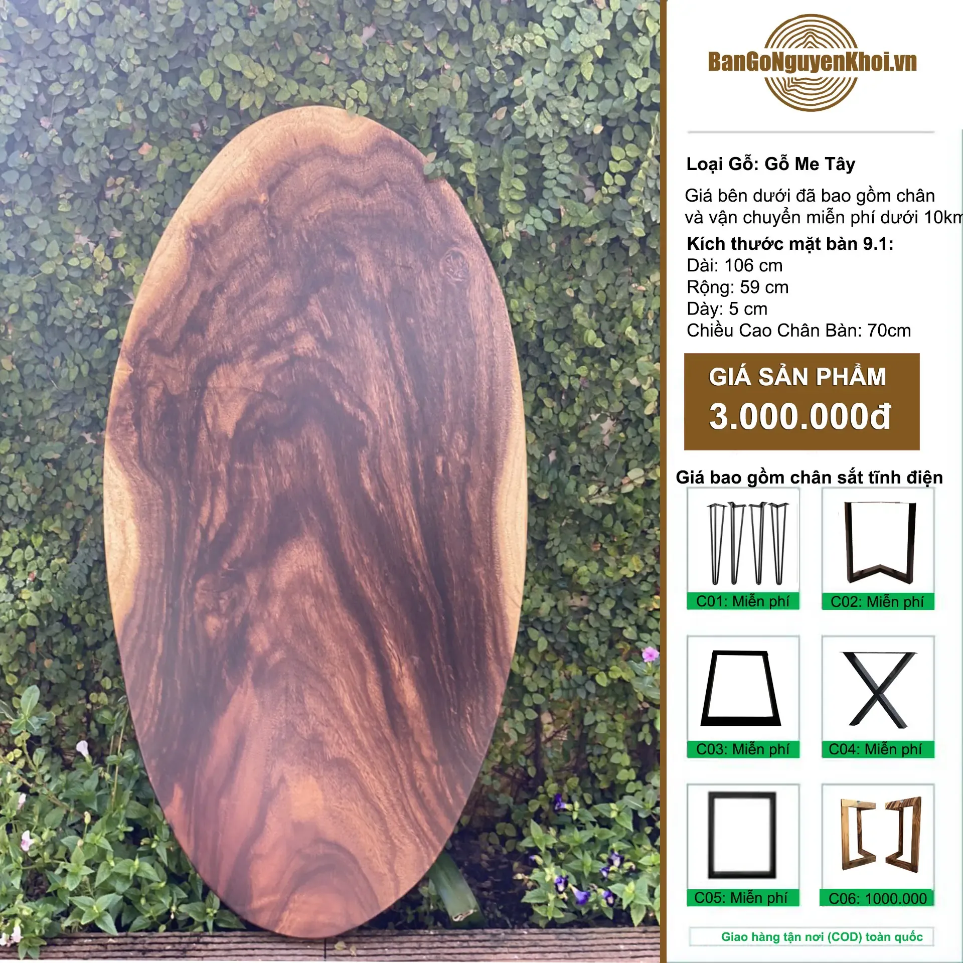 Bàn tròn gỗ me tây nguyên tấm tự nhiên 1.06m