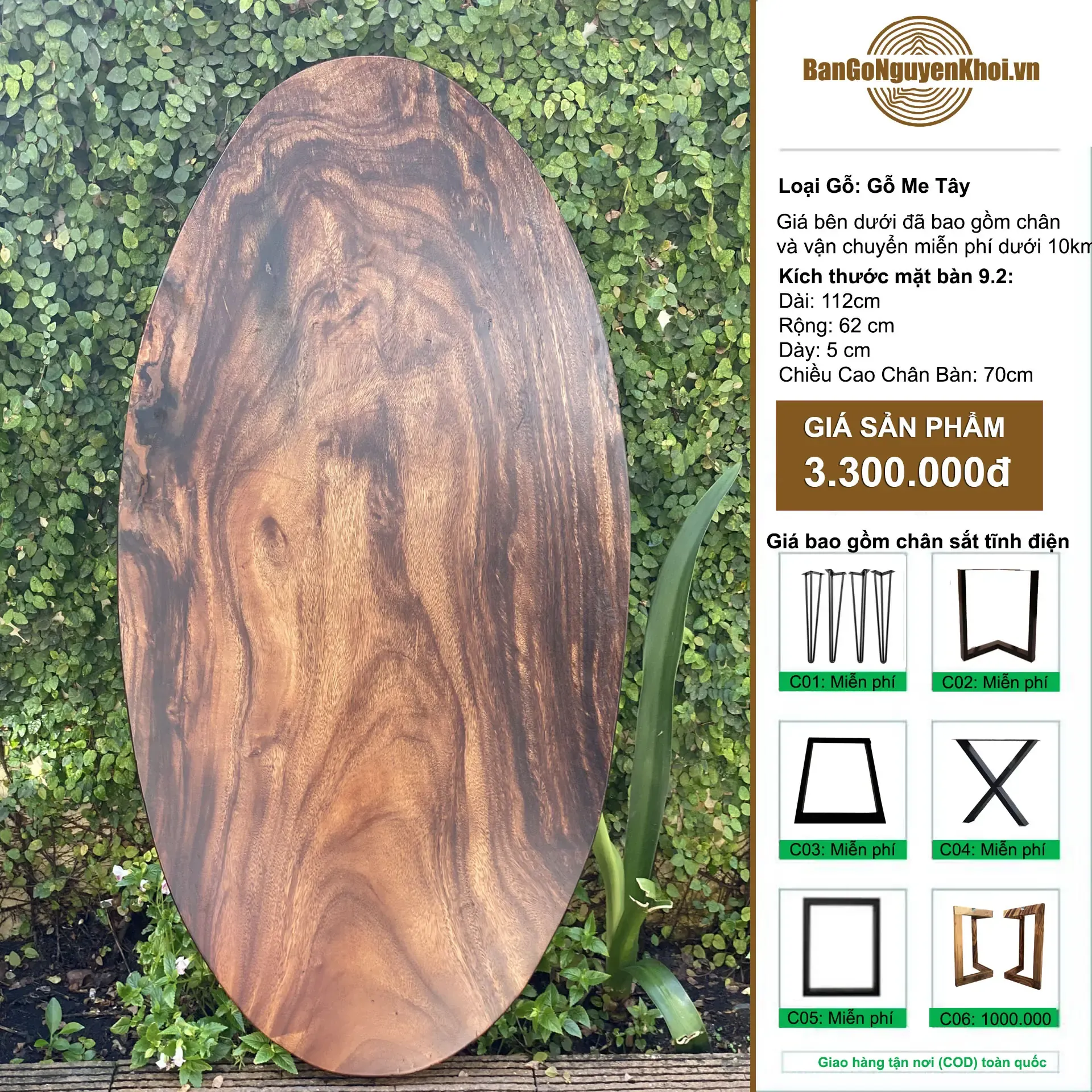 Bàn tròn oval gỗ me tây nguyên tấm tự nhiên 1m1