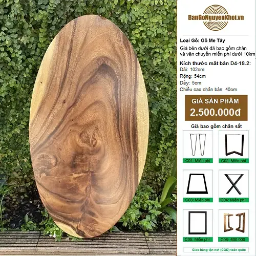 Bàn tròn oval gỗ me tây nguyên tấm tự nhiên 1m