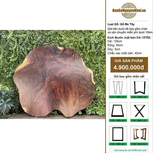 Bàn tròn sofa gỗ me tây nguyên tấm kiểu tự nhiên 1m1