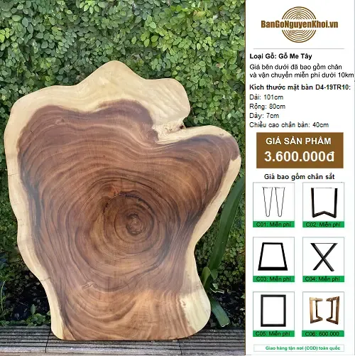 Bàn tròn gỗ me tây nguyên tấm kiểu tự nhiên