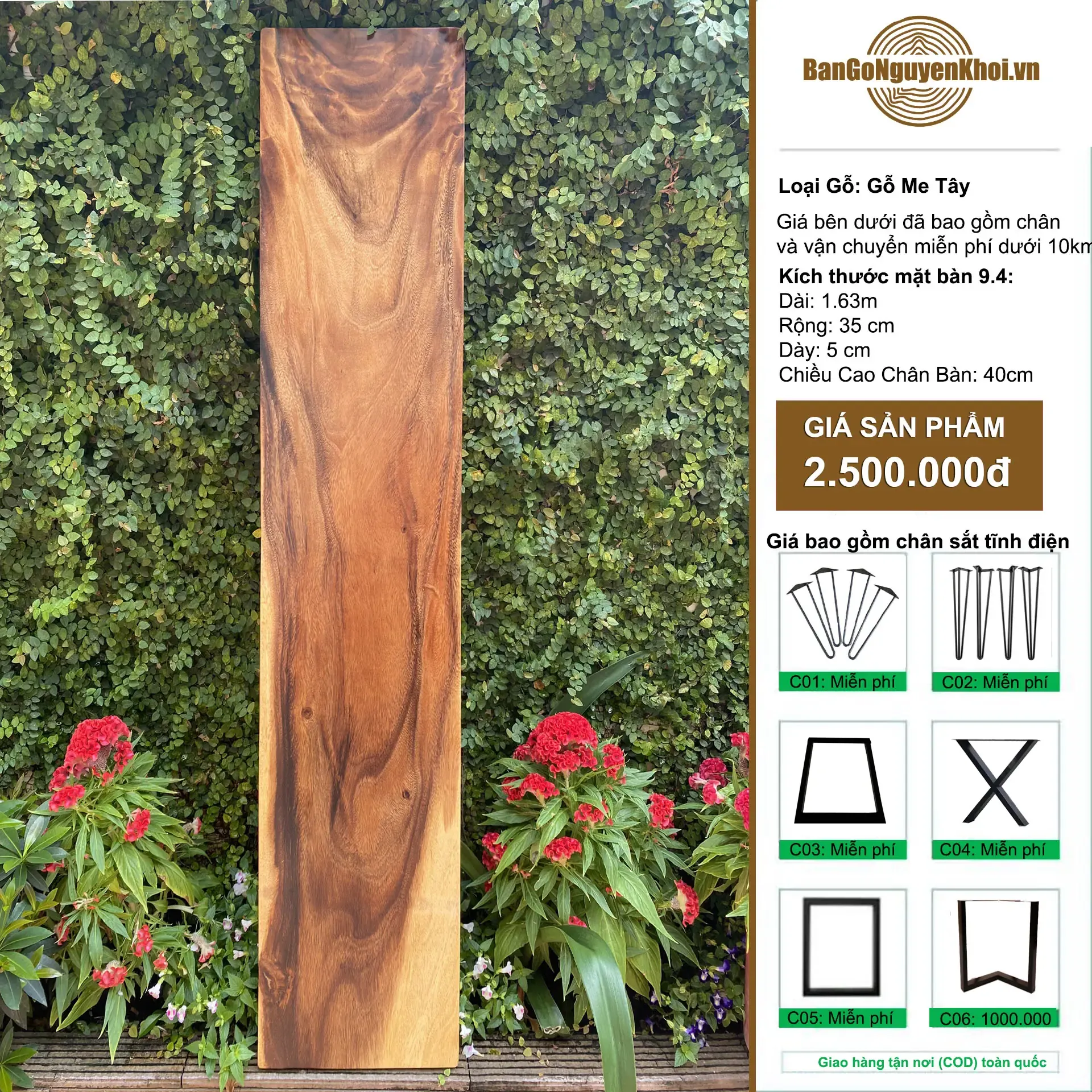 Ghế Băng Dài Gỗ Me Tây Nguyên Tấm 1m6