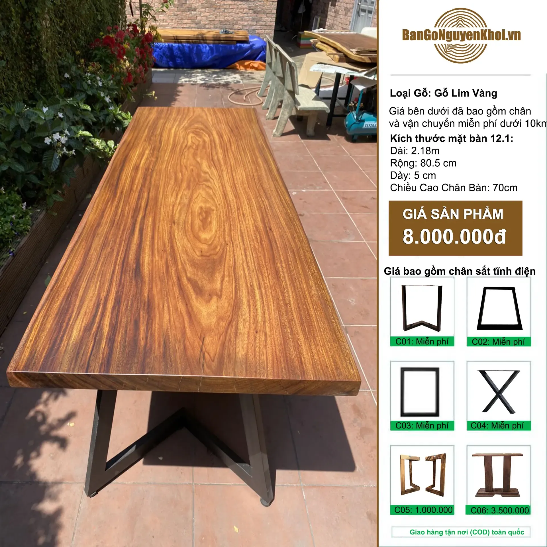 Bàn Ăn Gỗ Lim Vàng Dài 2m18 Dành Cho 8-10 Ghế Ngồi