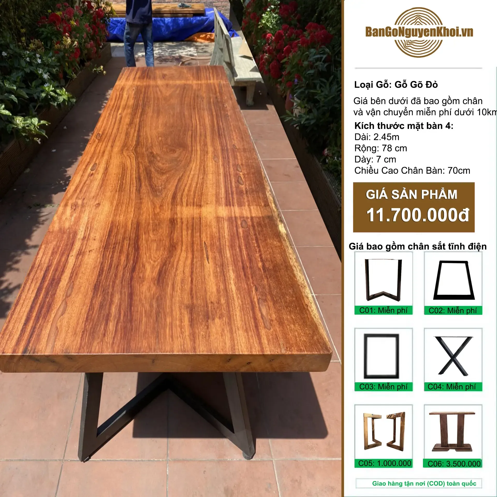 Bàn Ăn, Bàn Làm Việc Gỗ Gõ Đỏ Dài 2m45 Dày 7cm