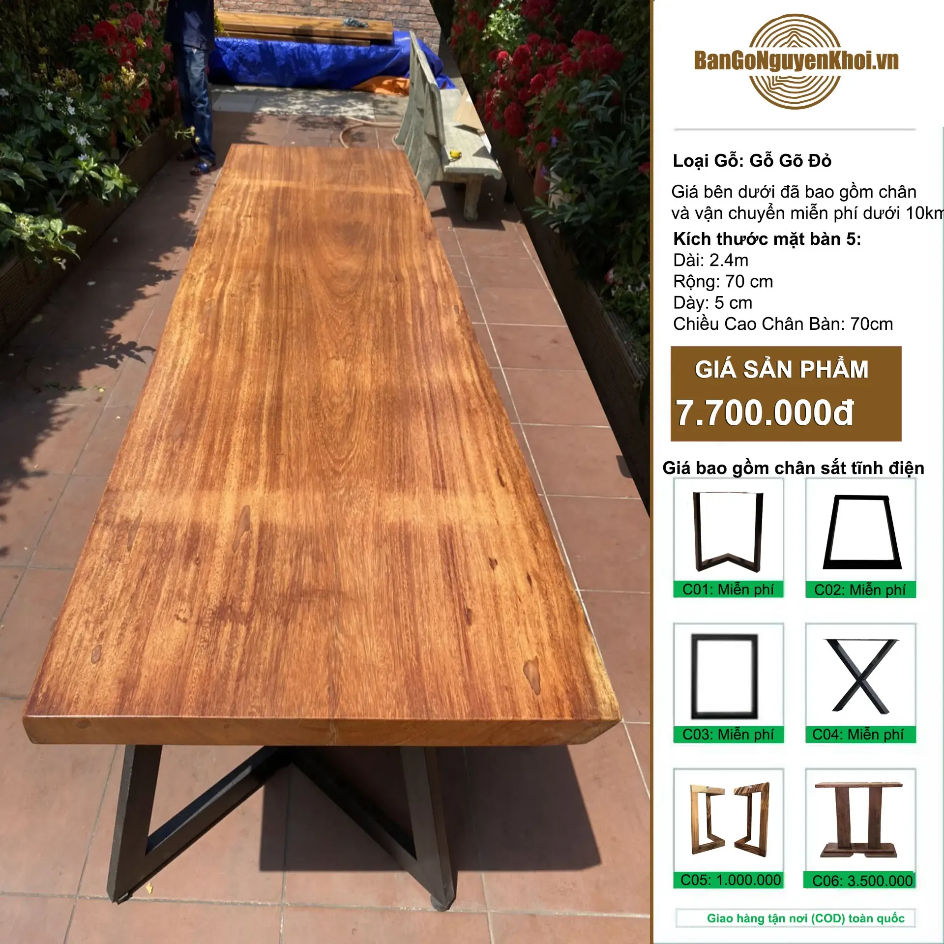 Bàn Gỗ Gõ Đỏ Nguyên Tấm Dài 2m4 Dành Cho 8-10 Ghế Ngồi Thoải Mái