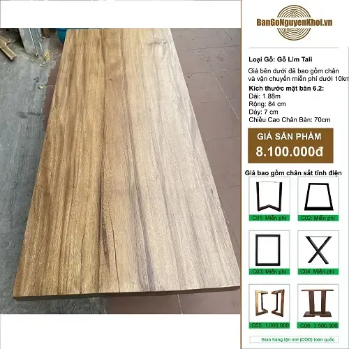 Bàn Ăn Gỗ Lim Tali Nguyên Tấm Dài 1m88