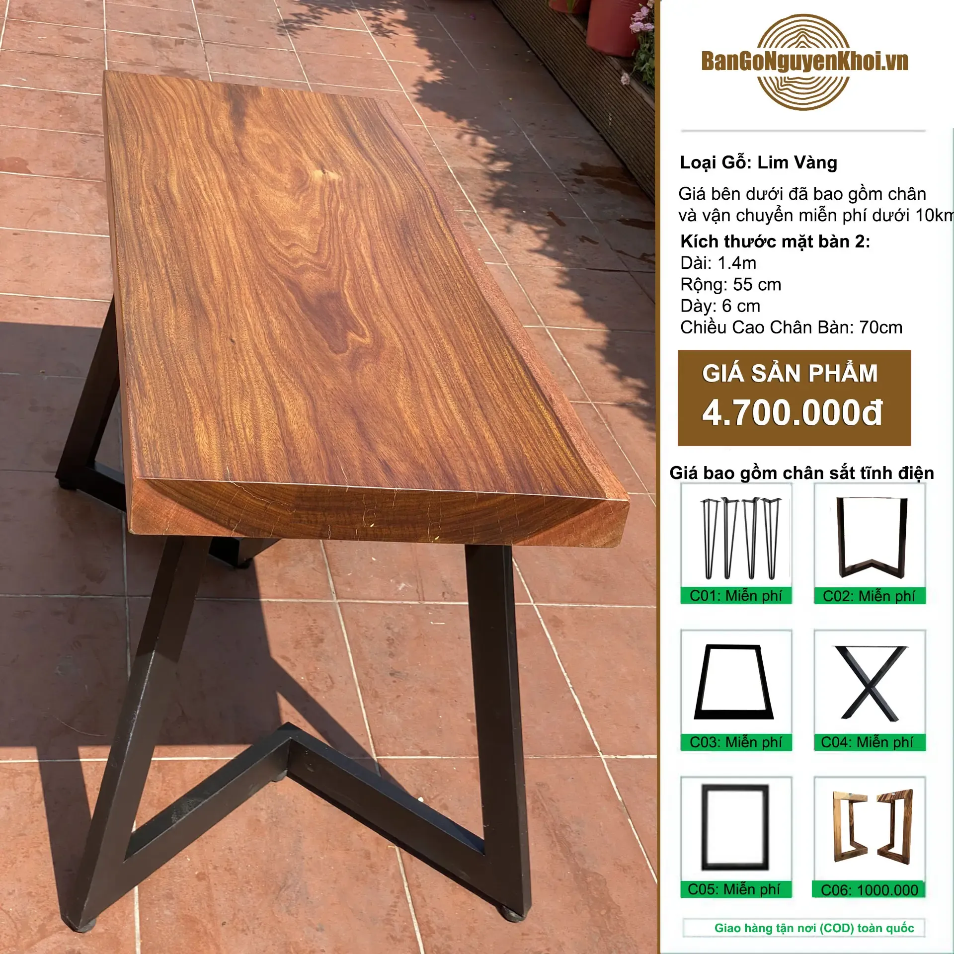 Bàn Ăn, Bàn Làm Việc Gỗ Lim Vàng Nguyên Tấm 1m4