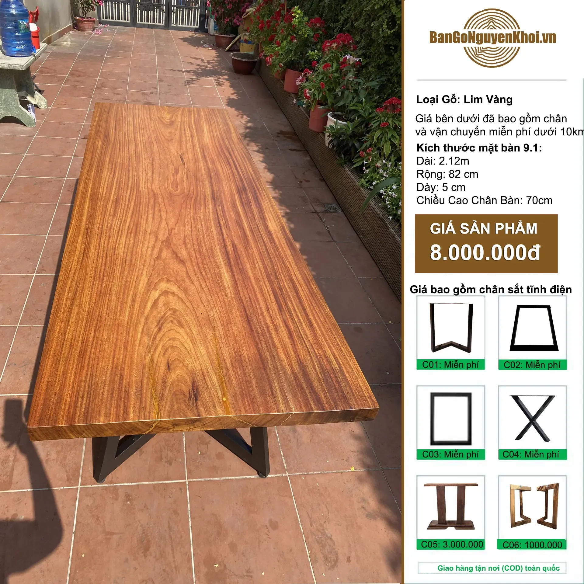 Mặt Bàn Gỗ Lim Vàng Nguyên Tấm 2m1 + Tặng Chân Sắt