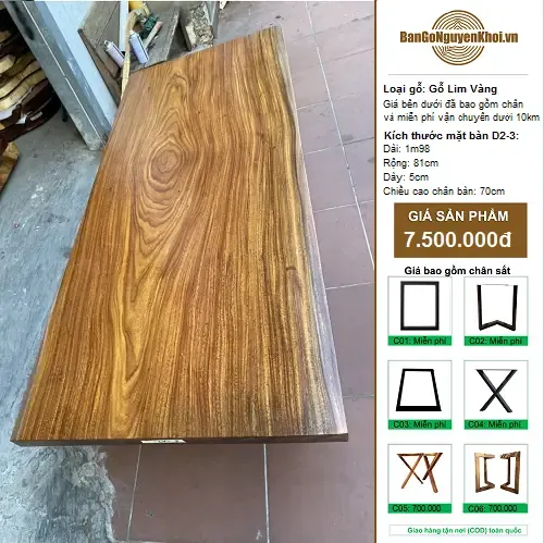 Bàn Gỗ Nguyên Tấm Gỗ Lim Vàng 1m98