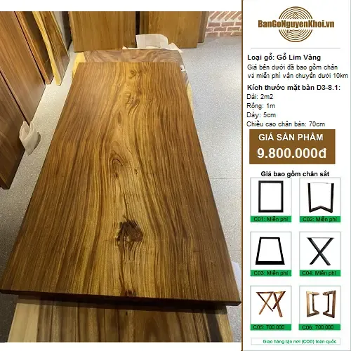Bàn Gỗ Lim Vàng Nguyên Tấm 2m2