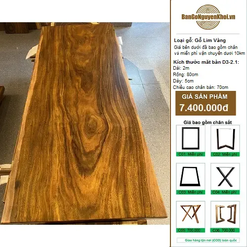 Bàn Ăn Gỗ Lim Vàng Nguyên Khối 2m