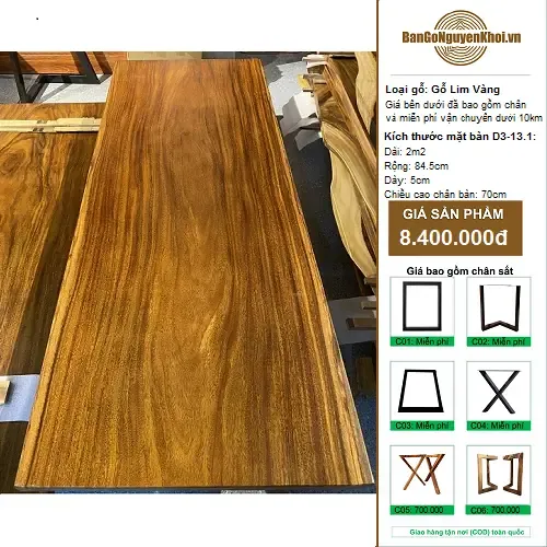 Bàn Gỗ Lim Vàng Nguyên Khối 2m2