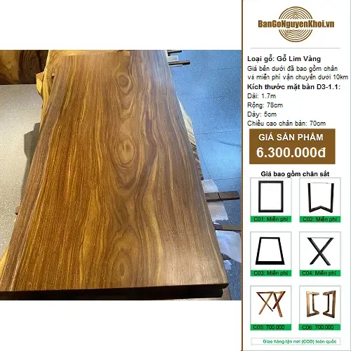 Bàn Gỗ Lim Vàng Nguyên Khối 1m7