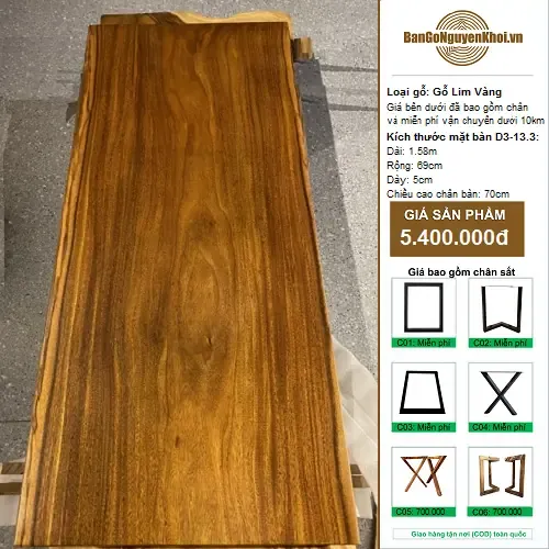 Bàn Gỗ Lim Vàng Nguyên Khối 1m58