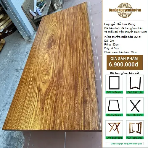 Bàn Gỗ Lim Vàng Nguyên Khối 2m