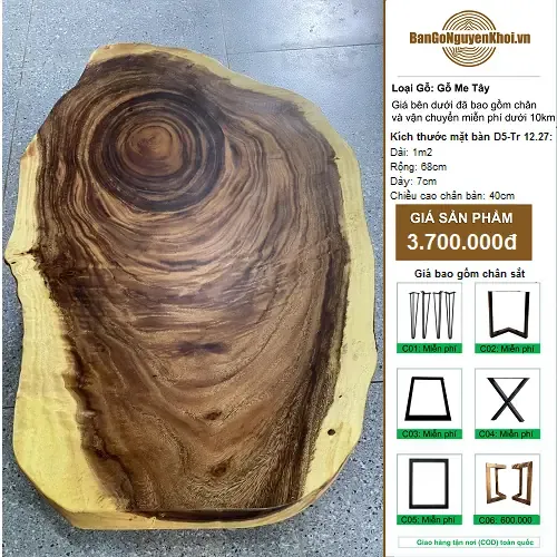 Bàn Tròn Gỗ Me Tây Nguyên Khối Kiểu Tự Nhiên 1m2