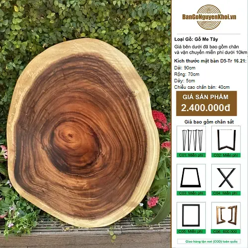 Bàn Tròn Gỗ Me Tây Nguyên Khối Kiểu Tự Nhiên 90cm