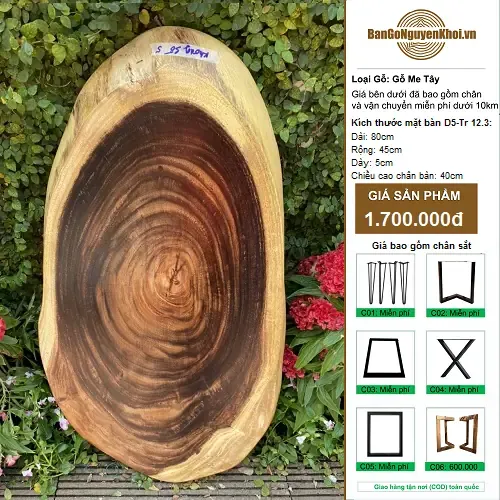 Bàn Sofa Gỗ Me Tây Nguyên Tấm Kiểu Tự Nhiên 80cm