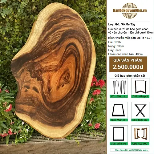 Bàn Sofa Gỗ Me Tây Nguyên Tấm Kiểu Tự Nhiên 107cm