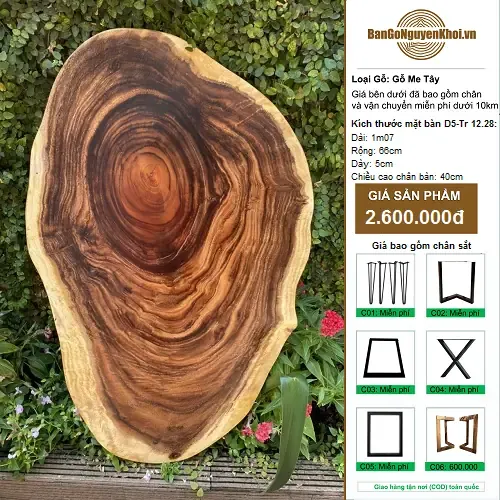Bàn Tròn Gỗ Me Tây Nguyên Khối Kiểu Tự Nhiên 107cm