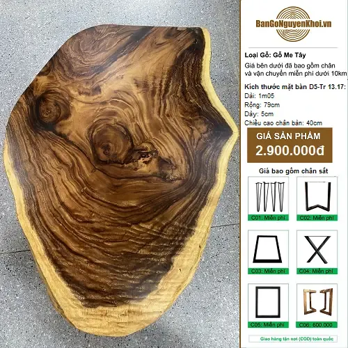 Bàn Tròn Gỗ Me Tây Nguyên Khối Kiểu Tự Nhiên 105cm