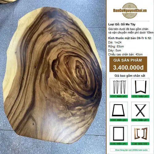 Bàn Tròn Gỗ Me Tây Nguyên Khối Kiểu Tự Nhiên 1m24