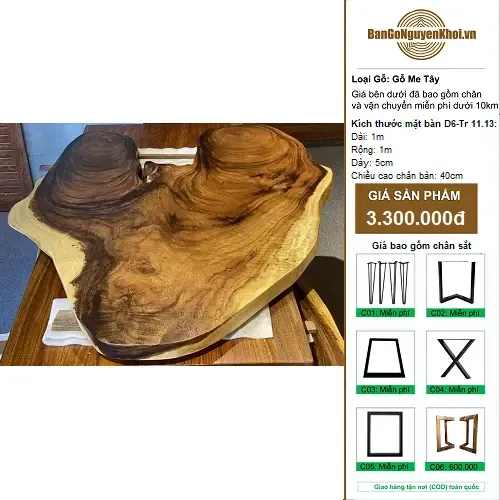 Bàn Tròn Gỗ Me Tây Nguyên Khối Kiểu Tự Nhiên 1m