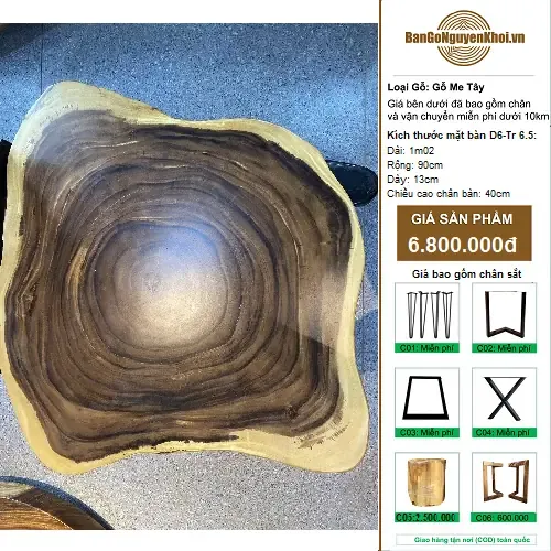 Bàn Tròn Gỗ Me Tây Nguyên Khối Kiểu Tự Nhiên 102cm