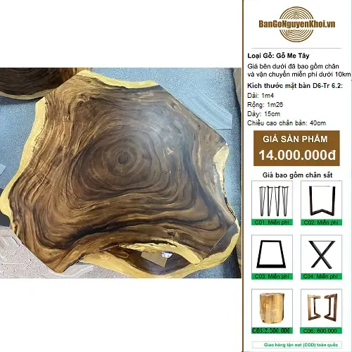Bàn Trà Gỗ Me Tây Nguyên Tấm Kiểu Tự Nhiên 1m4