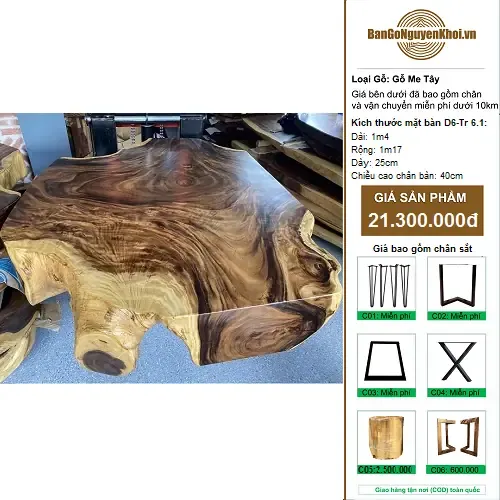 Bàn Trà Gỗ Me Tây Nguyên Khối Kiểu Tự Nhiên 1m4