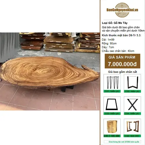 Bàn Gỗ Me Tây Nguyên Khối Kiểu Tự Nhiên 1m99