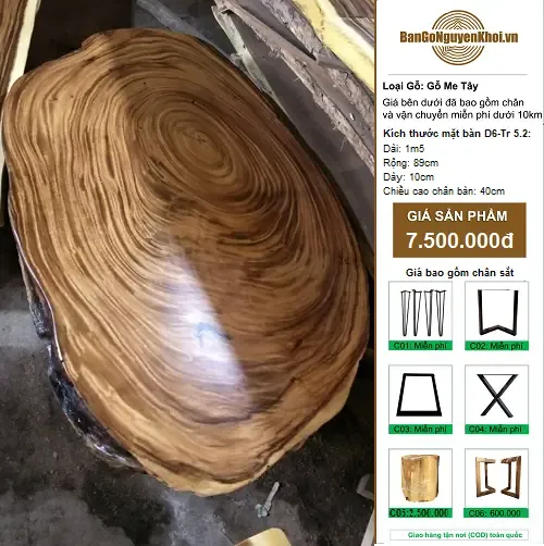 Bàn Gỗ Me Tây Nguyên Tấm Kiểu Tự Nhiên 1m5