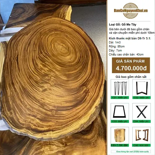 Bàn Gỗ Me Tây Nguyên Tấm Kiểu Tự Nhiên 1m3