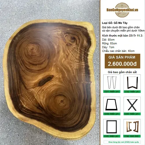 Bàn Tròn Gỗ Me Tây Nguyên Khối Kiểu Tự Nhiên 80cm