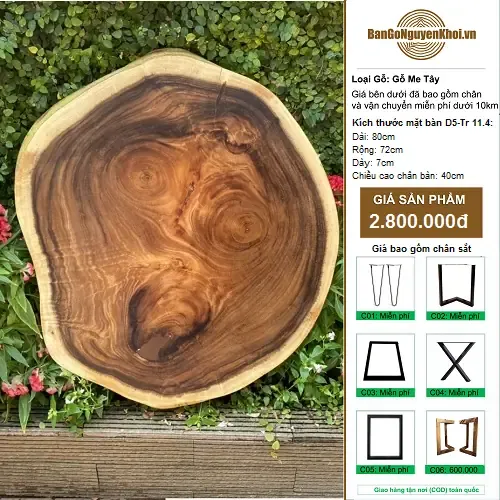 Bàn Tròn Gỗ Me Tây Nguyên Tấm Kiểu Tự Nhiên 80cm