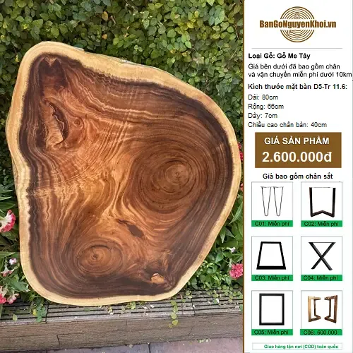 Bàn Trà Gỗ Me Tây Nguyên Tấm Kiểu Tự Nhiên 80cm