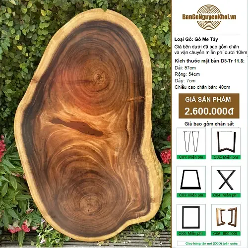 Bàn Sofa Gỗ Me Tây Nguyên Tấm Kiểu Tự Nhiên 97cm