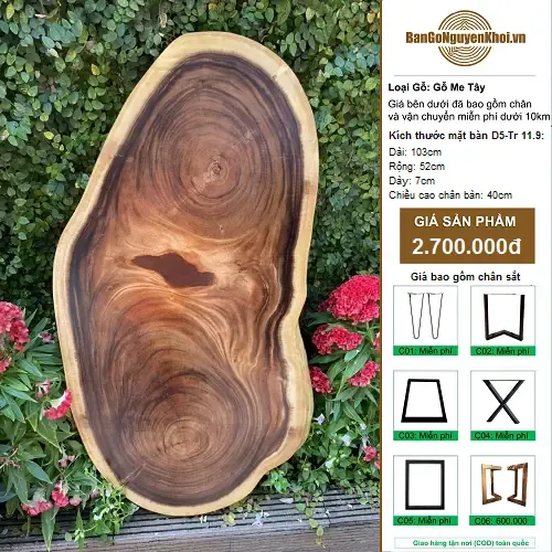 Bàn Sofa Gỗ Me Tây Nguyên Tấm Kiểu Tự Nhiên 103cm