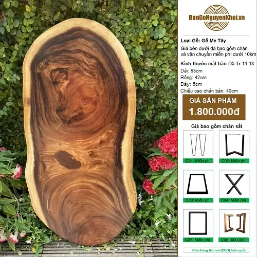 Bàn Sofa Gỗ Me Tây Nguyên Tấm Kiểu Tự Nhiên 93cm